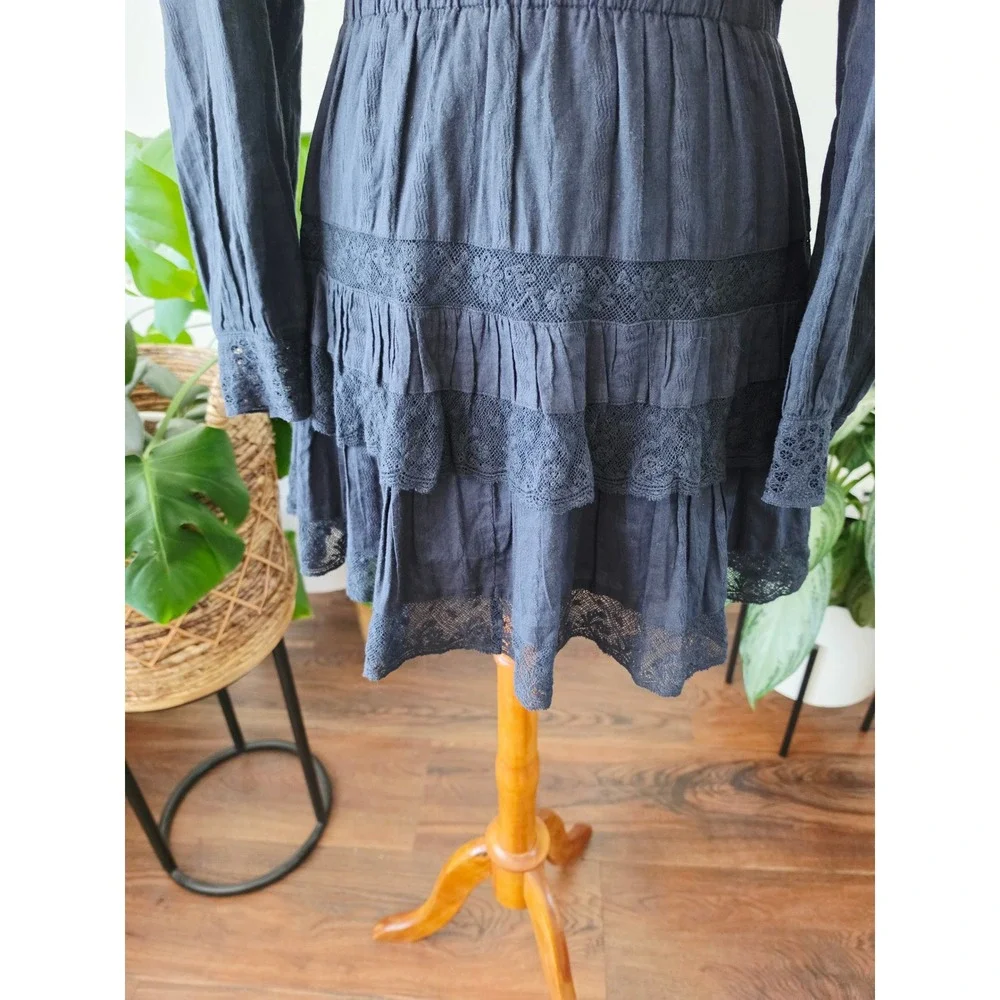 LoveShackFancy Black Lace Ruffle Mini Dress Long Sleeve Tiered Boho Womens Sz M - Picture 14 of 14
